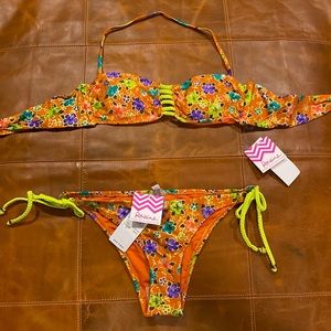 NWT Raisins Orange Gold Green Floral String Bikini Bandeau Halter S Top/L Bottom
